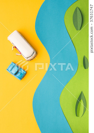 Vintage miniature car and bus in trendy color Vintage miniature car and bus in trendy color 37631747