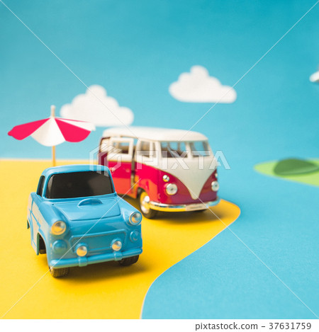 Vintage miniature car and bus in trendy color 37631759