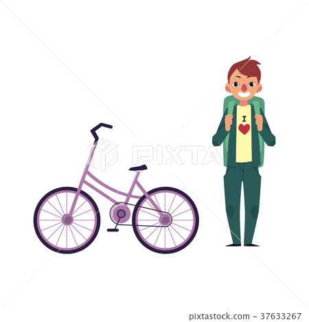 vector flat cartoon man tourist smiling, bicycle vector flat cartoon man tourist smiling, bicycle 37633267