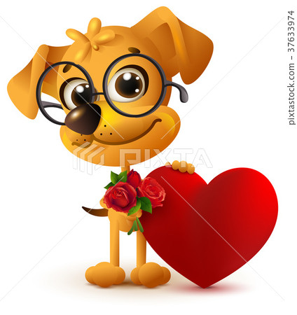 Fun yellow dog with bouquet of red rose Fun yellow dog with bouquet of red rose 37633974