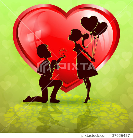 silhouette of red heart with boy and girl - Stock Illustration ...