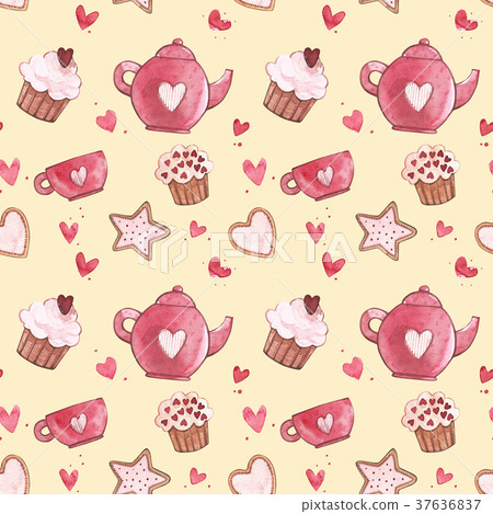 Seamless patterns with cup and teapot. Pink 37636837