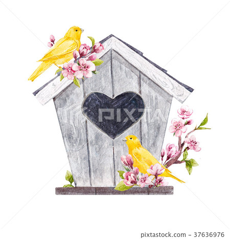 Watercolor birdhouse with birds 37636976