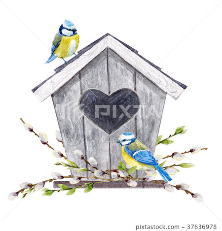 Watercolor birdhouse with birds Watercolor birdhouse with birds 37636978