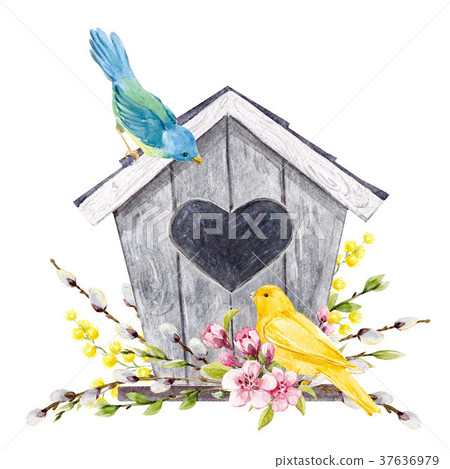 Watercolor birdhouse with birds Watercolor birdhouse with birds 37636979