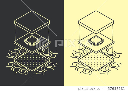 Line art microchip. Central processor unit concept Line art microchip. Central processor unit concept 37637281