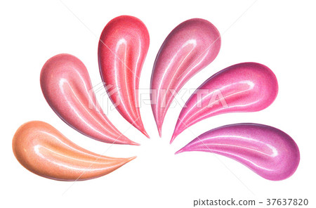 Set of different colors lip glosses smear isolated on white. Makeup sample 37637820