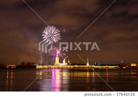 Firework on Neva River at night. Saint Petersburg 37640538