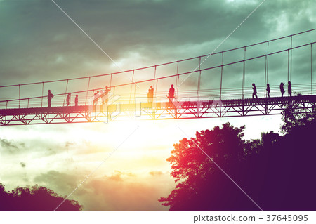 silhouette of tourist on suspension bridge walkway 37645095