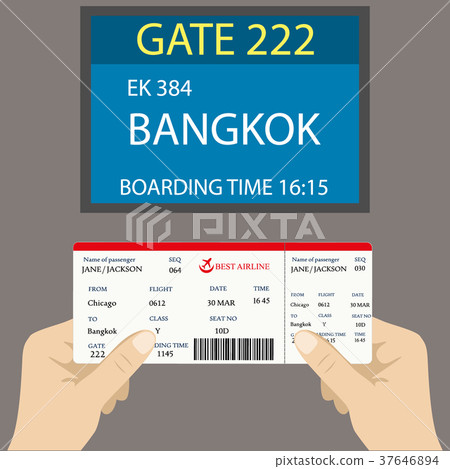 Boarding pass in hand and a display near gate 37646894