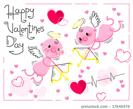 Valentines Day card with cute cupids and hearts on 37646976