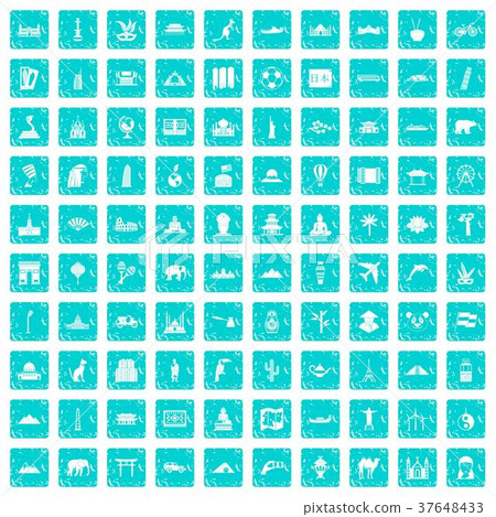 100 world tour icons set grunge blue 37648433
