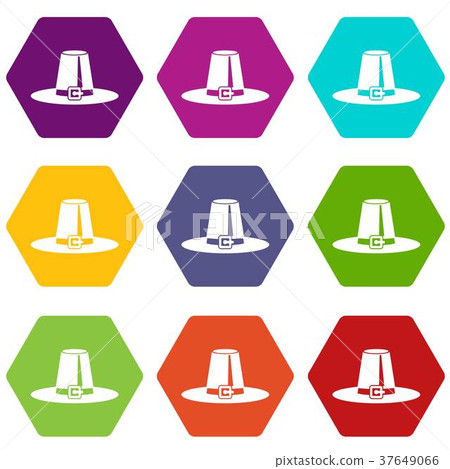 Pilgrim hat icon set color hexahedron 37649066