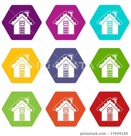 Small snowy cottage icon set color hexahedron - Stock Illustration ...