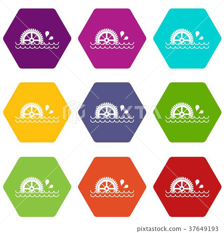 Waterwheel icon set color hexahedron Waterwheel icon set color hexahedron 37649193