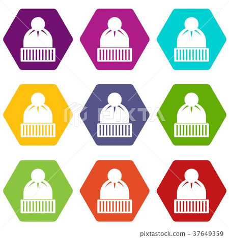 Knitted hat icon set color hexahedron 37649359