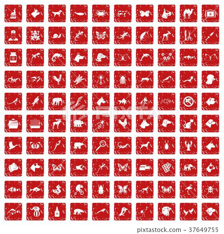 100 animals icons set grunge red 100 animals icons set grunge red 37649755