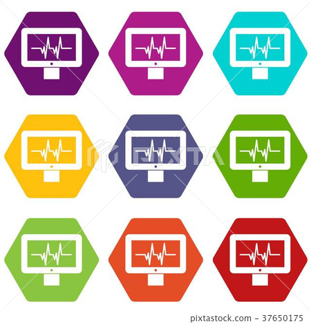 Electrocardiogram monitor icon set color hexahedron 37650175