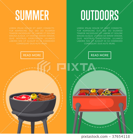 Outdoor summer picnic flyers with meats on bbq Outdoor summer picnic flyers with meats on bbq 37654118