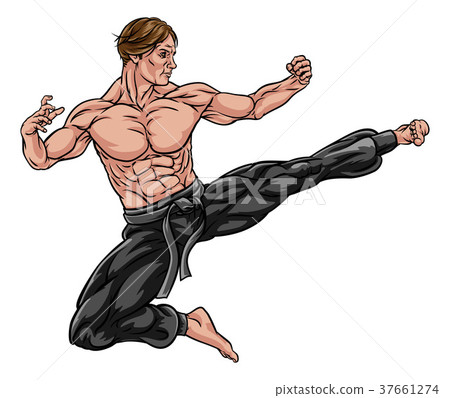 Karate Kung Fu Flying Kick Man Cartoon 37661274