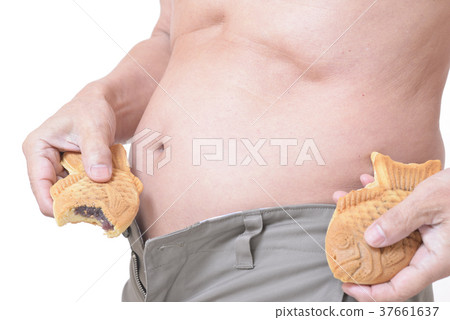 Obese senior eating taiyaki Obese senior eating taiyaki 37661637