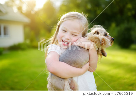 Cute little girl holding her funny yorkshire terrier dog Cute little girl holding her funny yorkshire terrier dog 37665519