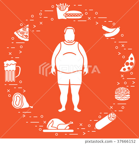 Fat man with unhealthy lifestyle symbols around Fat man with unhealthy lifestyle symbols around 37666152