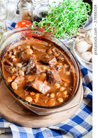 Beef Bourguignon stew in a casserole dish Beef Bourguignon stew in a casserole dish 37666504