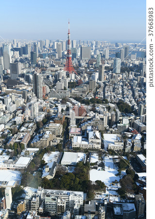 Tokyo cityscape in Japan "Looking at Tokyo Tower etc." = Blue sky spreading at dawn of heavy snow · January 23, 2018 37668983