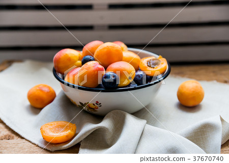 Studio shot of bowl with plums and apricots 37670740