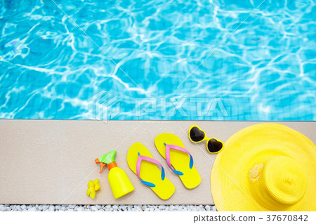 Pool and beach items flat lay. Summer vacation. Pool and beach items flat lay. Summer vacation. 37670842