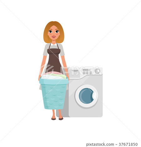Cheerful girl standing and holding laundry basket Cheerful girl standing and holding laundry basket 37671850