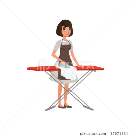 Brunette woman ironing clothes on an ironing board 37671884