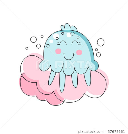 Flat Line Art Of Adorable Blue Jellyfish Marine Stock Illustration