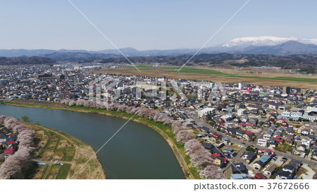 Drone shooting at first sight 1000 cherry blossoms and Zao mountain range Drone shooting at first sight 1000 cherry blossoms and Zao mountain range 37672666