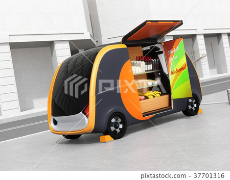 Image of an autonomous driving unmanned sale car. The product shelf is equipped with a touch panel for mobile payment, and can be stored with a banner that can be stored Image of an autonomous driving unmanned sale car. The product shelf is equipped with a touch panel for mobile payment, and can be stored with a banner that can be stored 37701316