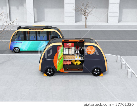 具有共同平台和無人駕駛車輛的自動公共汽車的圖像。無人駕駛,無人駕駛的概念 具有共同平台和無人駕駛車輛的自動公共汽車的圖像。無人駕駛,無人駕駛的概念 37701320