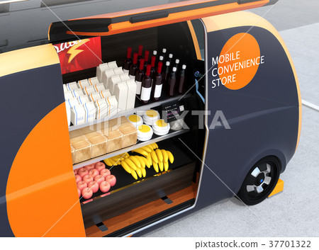 自動駕駛無人銷售汽車的形象。產品架配備有用於移動支付的觸摸板,並且可以存儲有可以存儲的橫幅 自動駕駛無人銷售汽車的形象。產品架配備有用於移動支付的觸摸板,並且可以存儲有可以存儲的橫幅 37701322