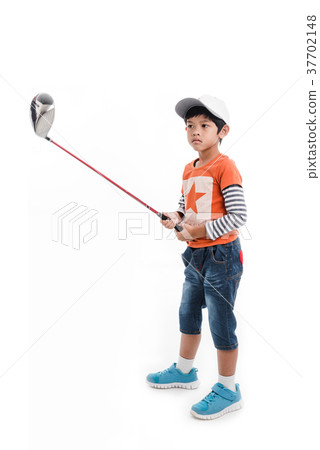 Portrait of a boy holding a golf club. 37702148