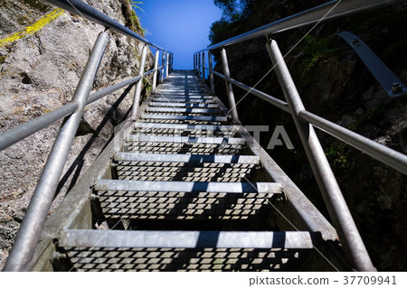 Ladder stairs on Alpine trail through Hell gorge Ladder stairs on Alpine trail through Hell gorge 37709941