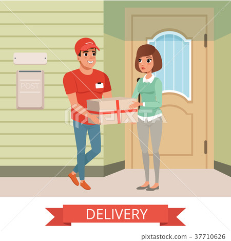 Woman getting package from courier. Cartoon people Woman getting package from courier. Cartoon people 37710626