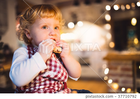 Toddler boy making gingerbread cookies at home. 37710792