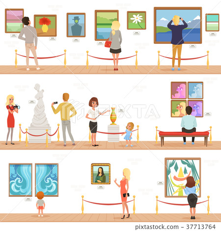 Cute cartoon visitors and guide characters in art 37713764