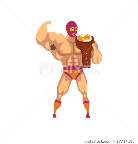 Muscular wrestler standing and holding winner s Muscular wrestler standing and holding winner s 37714193