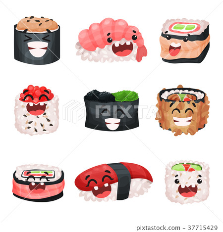 Funny cute sushi and sashimi cartoon characters Funny cute sushi and sashimi cartoon characters 37715429