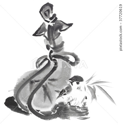 麻雀葫蘆水墨風格 37720619