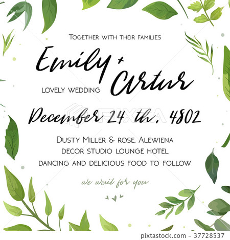 Wedding Invitation card Design with green leaves 37728537