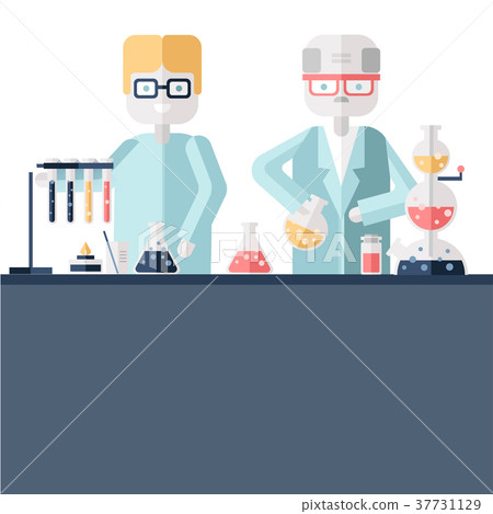 Two scientist chemists in white lab coats in a Two scientist chemists in white lab coats in a 37731129