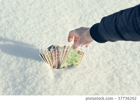 a bundle of money and a man getting them from snow 37736202