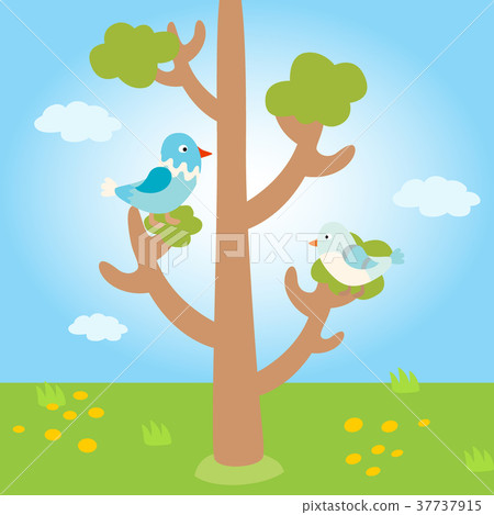 Two lovely birds spring card with tree and couple 37737915